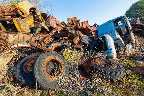 Chernobyl zone, restricted territory, Rasocha a radioactive cemetery of vehicles