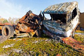 Chernobyl zone, restricted territory, Rasocha a radioactive cemetery of vehicles