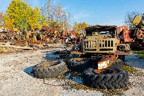 Chernobyl zone, restricted territory, Rasocha a radioactive cemetery of vehicles