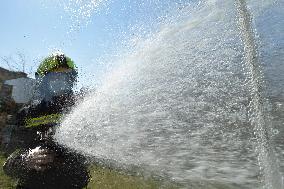 firefighter disinfects a bus stop against coronavirus