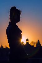 empty Charles Bridge in Prague, girl, face mask, coronavirus