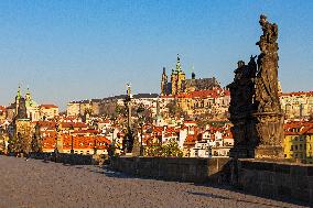 empty Charles Bridge in Prague, Prague Castle