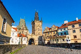 empty Charles Bridge in Prague, Prague Castle