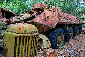 Chernobyl zone, restricted territory, destroyed military vehicle