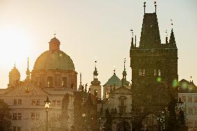 empty Charles Bridge in Prague, sunrise