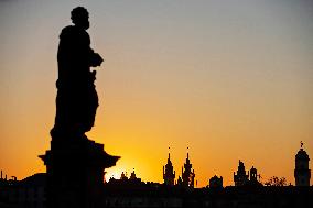 empty Charles Bridge in Prague, sunrise
