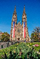 the Church of St. Ludmila, Czech national flags