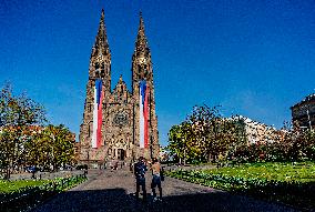 the Church of St. Ludmila, Czech national flags