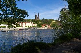 Basilica of St. Peter and St. Paul, church in Vysehrad fortress in Prague, Vltava River