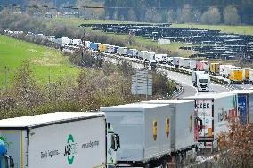 trucks are jammed on the motorway D5 in front of the Czech-German border crossing in Rozvadov