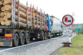 trucks are jammed on the motorway D5 in front of the Czech-German border crossing in Rozvadov