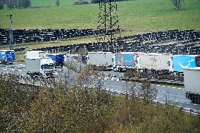 trucks are jammed on the motorway D5 in front of the Czech-German border crossing in Rozvadov