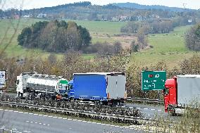 trucks are jammed on the motorway D5 in front of the Czech-German border crossing in Rozvadov