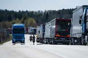 trucks are jammed on the motorway D3 in front of the Czech-Austrian border crossing