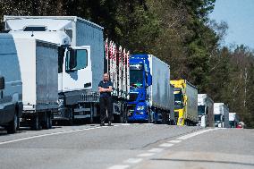 trucks are jammed on the motorway D3 in front of the Czech-Austrian border crossing