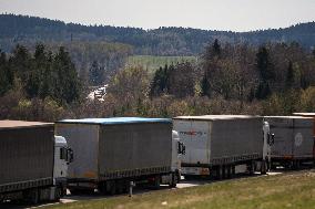 trucks are jammed on the motorway D3 in front of the Czech-Austrian border crossing