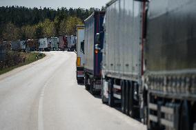 trucks are jammed on the motorway D3 in front of the Czech-Austrian border crossing