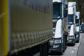 trucks are jammed on the motorway D3 in front of the Czech-Austrian border crossing