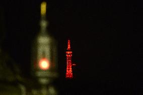 Petrin Lookout Tower in Prague shines red in support of World Hemophilia Day