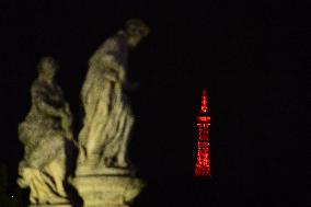 Petrin Lookout Tower in Prague shines red in support of World Hemophilia Day