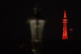 Petrin Lookout Tower in Prague shines red in support of World Hemophilia Day