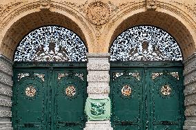 Pilsner Urquell Brewery main gate with a protection face mask