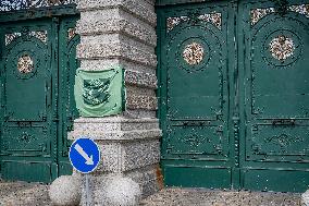 Pilsner Urquell Brewery main gate with a protection face mask