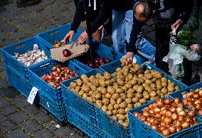 Farmer, market, riverbank, people, face mask, Prague, Czech Republic