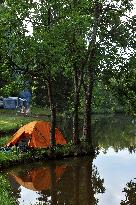 camping, camp, tent, pond, lake