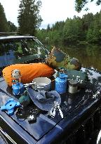 camping, camp, tent, pond, lake, car, equipment, gear