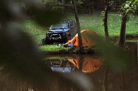 camping, camp, tent, pond, lake, car, gas cooker