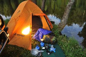 camping, camp, tent, equipment, gear, gas cooker, pond, lake