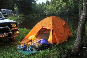 camping, camp, tent, equipment, gear, gas cooker, car, pond, lake