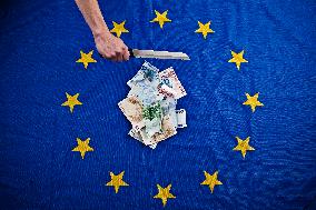 European Union, EU, money, bank notes, currency, EUR, euro, flag, hand, knife, banknotes