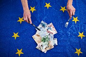 European Union, EU, money, bank notes, currency, EUR, euro, flag, hand, hands, cutlery, banknotes