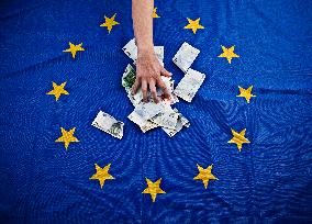 European Union, EU, money, bank notes, currency, EUR, euro, flag, hand, banknotes