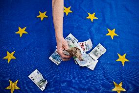 European Union, EU, money, bank notes, currency, EUR, euro, flag, hand, banknotes