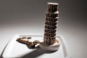euro, EUR, coin, coins, money, cash, currency, Leaning Tower of Pisa, Italy, restaurant, food, catering, plate