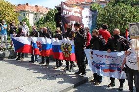 Czech followers of the nationalist Night Wolves motorcycle club, Prague, motorbike riders, flag