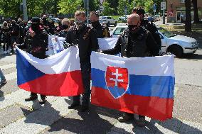 Czech followers of the nationalist Night Wolves motorcycle club, Prague, motorbike riders, flag