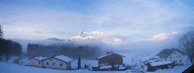 Eastern Alps, Tennen Mountains, Tennengebirge, landscape, winter, snow, fog, foggy