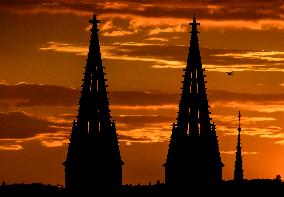 A silhouette of the Basilica of St. Peter and St. Paul, church in Vysehrad fortress in Prague