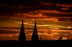 A silhouette of the Basilica of St. Peter and St. Paul, church in Vysehrad fortress in Prague