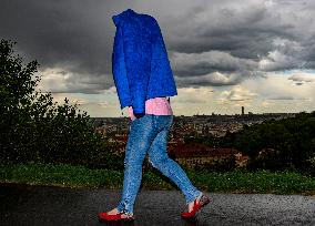 woman, rain, rainy, epidemic, Coronavirus, Prague Castle