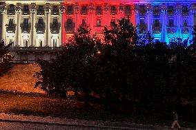 the Cernin palace, the seat of the Foreign Ministry, shines in colours within the across-the-world gesture Giving Tuesday