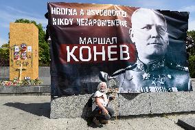 Konev, Czech followers of the nationalist Night Wolves motorcycle club, Prague, motorbike riders, flag
