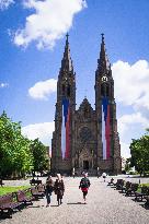 the Church of St. Ludmila, Czech national flags