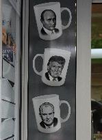 the shop of the Nase vojsko (Our Army) publisher in Prague, mugs, Trump, Putin, Zeman