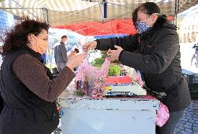 Farmer, market, people, face mask, Jihlava, Czech Republic