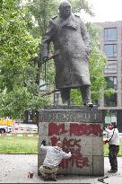 Churchill was racist - sprayer on his Prague statue